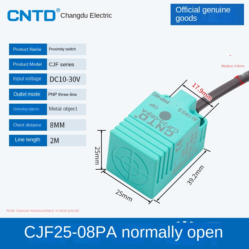 Cảm Biến Tiệm Cận CJF25-08PA CNTD | Tùy Chọn CJF18-05NA/NB/PA/PB/LA - NPN/PNP, 3 Dây DC, Phát Hiện Kim Loại 5-15mm Cho Tự Động Hóa