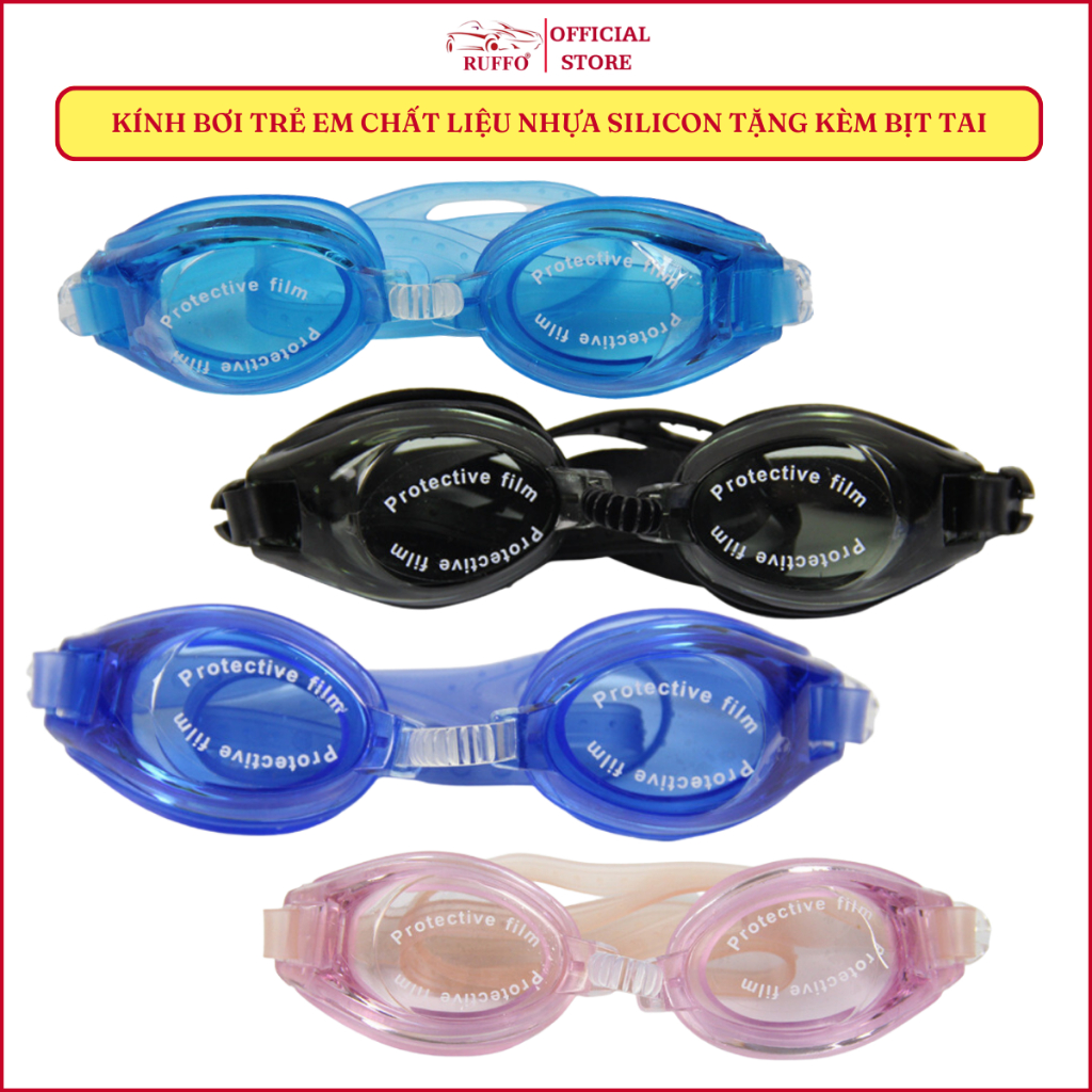 Kính bơi trẻ em kèm 2 nút bịt tai ruffo chất liệu nhựa silicone an toàn chống nước cho bé tập bơi