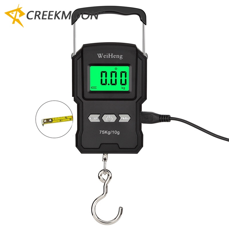 Black Electronic Weighing Digital Scale Rechargeable LCD 75Kg 10g Luggage Scale Hanging Hook Fishing Scale with Measuring Tape