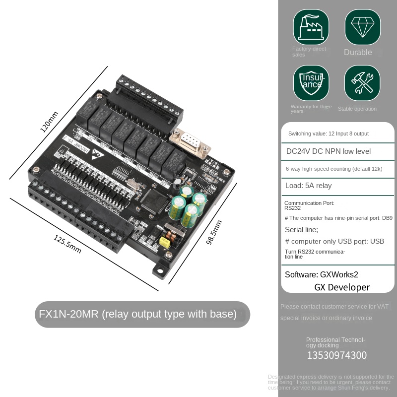 Board Mạch PLC FK FX1N-20MR: 12 input 8 output Đầu Ra Rơle, DB9 RS232, 24VDC, xung tốc độ cao,Hỗ Trợ GX Works2/GX Developer Mitsubishi - FK1N-20MR CÓ ĐẾ