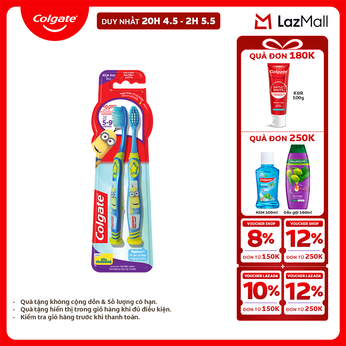 [Chỉ 25-29.4_X2 Voucher giảm 20%] Bộ 2 bàn chải Colgate Minion Twin cho trẻ em từ 5-9 tuổi