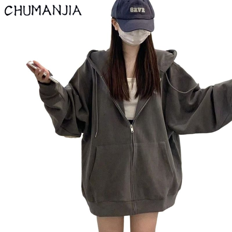 Chu Man Jia xuân thu Áo nỉ trùm đầu có dây kéo quá khổ ôm vừa phong cách lười biếng cổ điển của phụ nữ áo khoác Jacket Lông cừu dày thường ngày