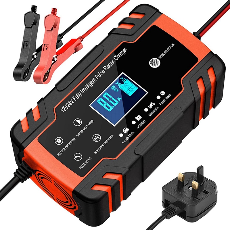 () Portable Car Battery Charger,8A 12V/4A 24V Intelligent Pulse Repair Charger for Car, Motorcycle, 