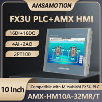 AMSAMOTION 10 Inch HMI PLC All-in-one Machine Compatible Mitsubishi FX3U PLC 16DI/16DO 4AI/2AO PT100 Ethernet RS232 RS485 Touch Screen Panel