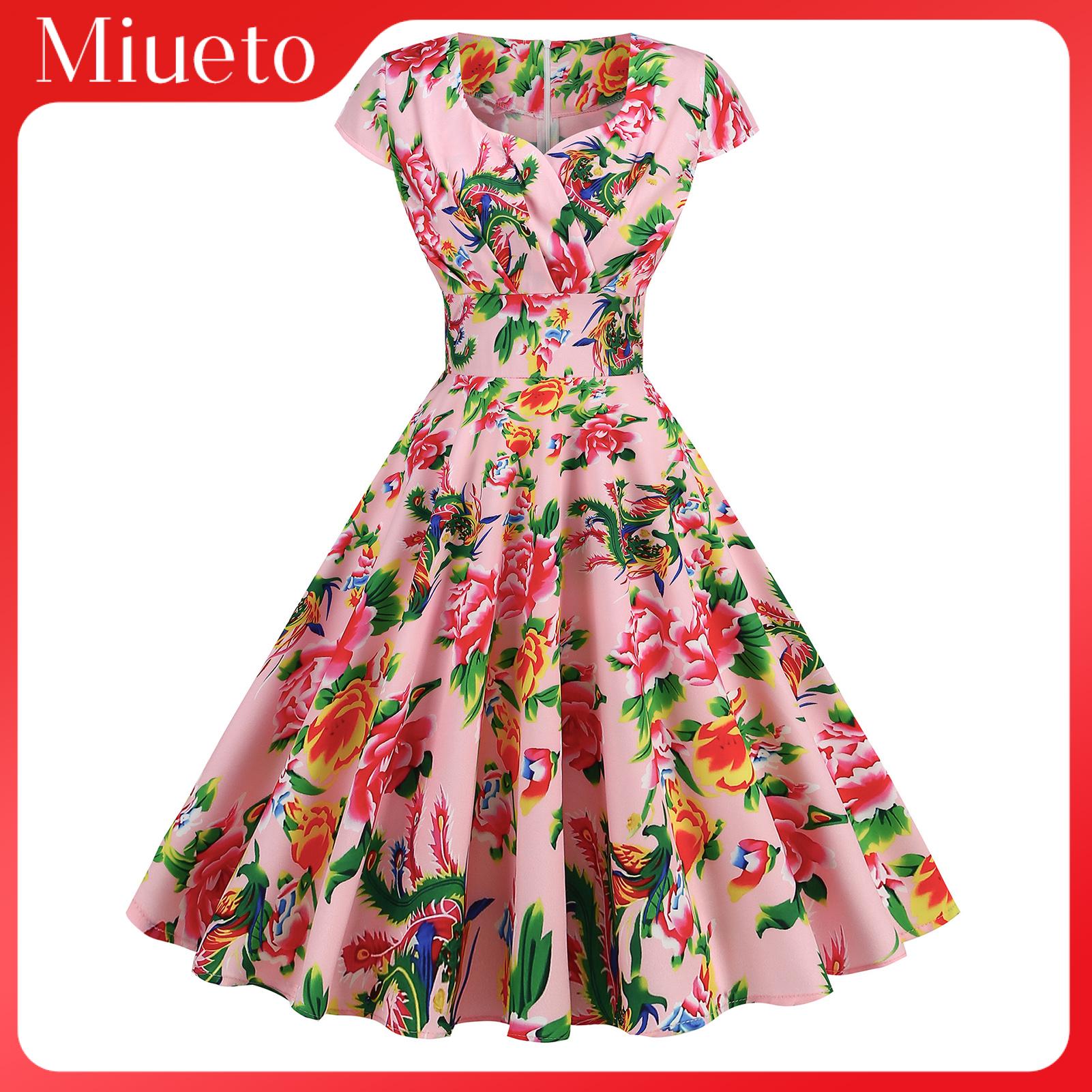 Miueto Party Festival Outfit Floral Patterned Dress Chinese Style Floral Print V Neck Midi Dress for