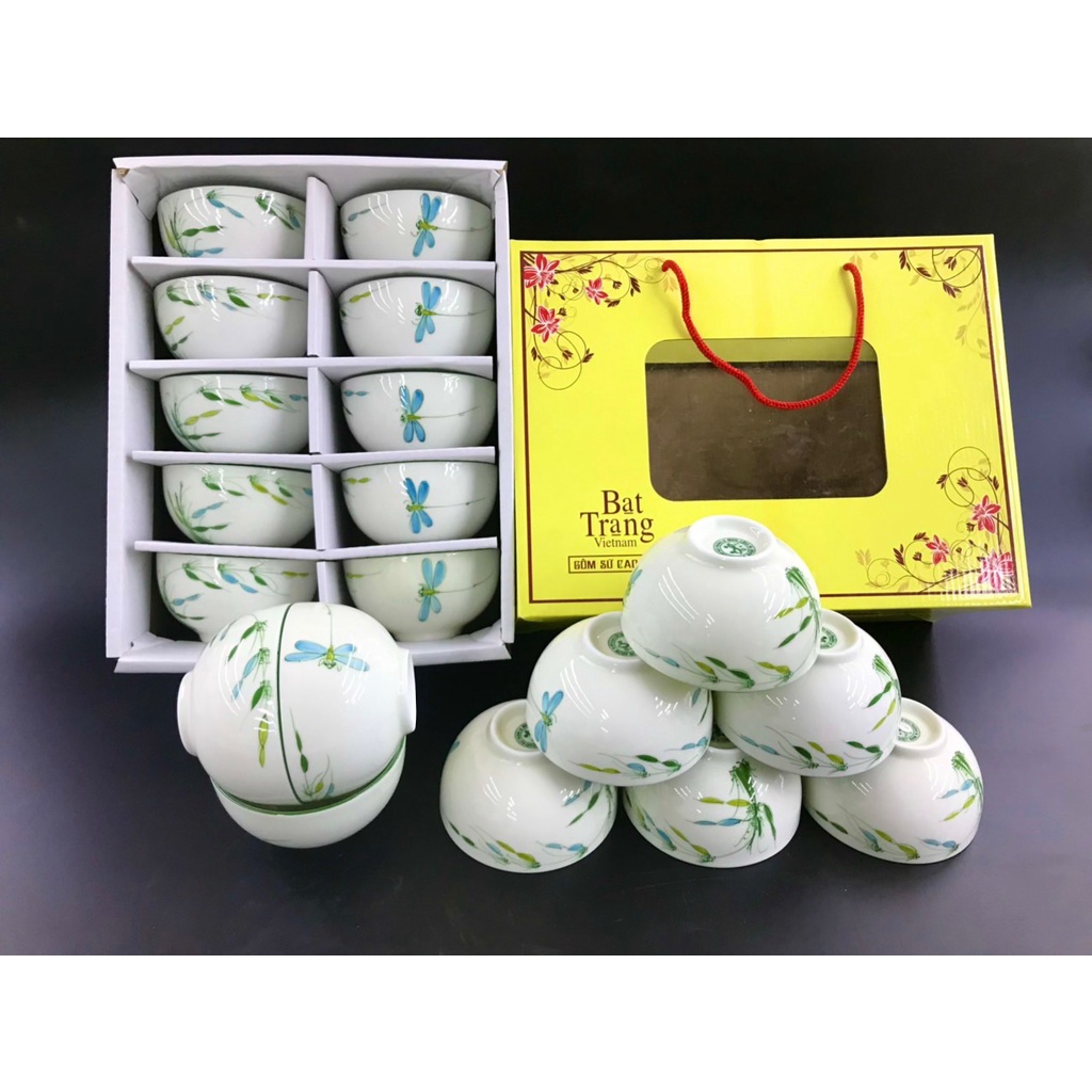 Set bát cơm bát tràng cao cấp hàng loại i - bộ bát ăn cơm vẽ trúc chuồn - chén ăn cơm bát tràng