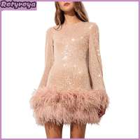 Women Evening Dress Slim Waist Sequin Feather Hem Backless Long Sleeves O Neck Short Dress Prom Party Wedding Mini Dress