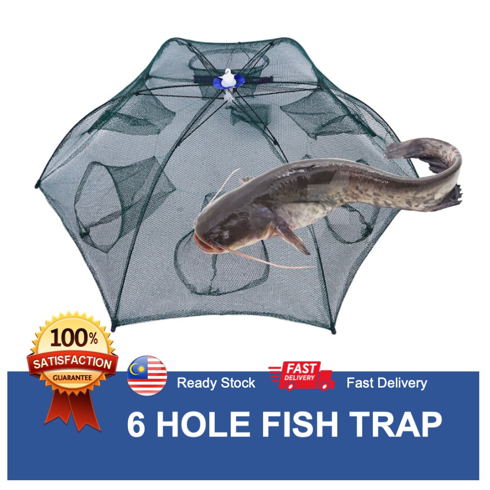 Fish Trap Cage Net - Top Seller, 6 Hole,Perangkap Ikan Jala - Portable  Fishing Net, Shrimp Cage - Nylon Automatic Foldable Catch Fish Baits Trap