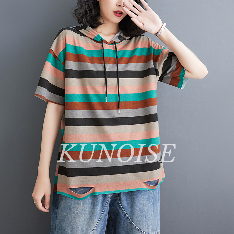 KUNOISE Summer New Loose plus Size Slimming Youthful-Looking Hooded Sweater Artistic Vintage Stripe Short Sleeve T-shirt ราคา 140 บาท*ส่งฟรี