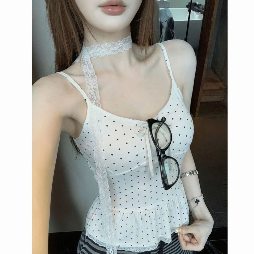 THALUNA Áo Hai Dây Chấm Bi Bèo Lai Kèm Dây Ren Quấn Cổ Có Mút Ngực Form Ôm Hàn Quốc