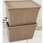 Brown XL Rattan Storage Basket with Cover, 17.5x12x11.5 inches