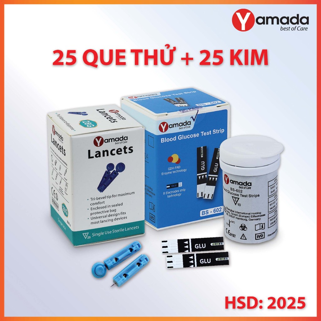 Hộp 25 que thử tiểu đường Yamada tặng kèm 25 kim cho Máy đo đường huyết Yamada, men GDH-FAD, 8 điện cực