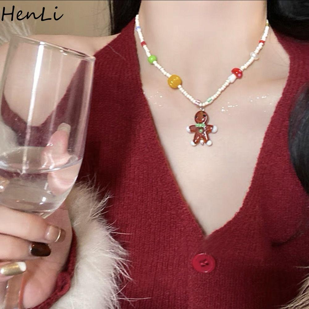 HENLI Phong cách Hàn Quốc Vòng cổ Cây giáng sinh Hoạt hình Ông già Noel Vòng cổ nam hình bánh gừng Y2K Ngọt ngào Chuỗi hạt xương đòn giáng sinh Phụ nữ
