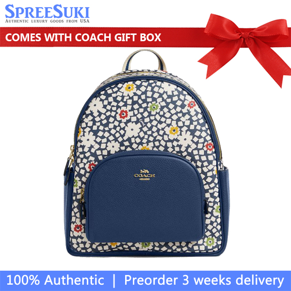 coach blue floral backpack Charlie In Tea Rose Print Nylon Signature coated canvas and smooth leather Inside zip cell phone and multifunction pockets Laptop compartment with zip closure Zip closure recycled polyester lining Top handle with 3 drop Outside zip pocket Luggage sleeve Adjustable shoulder straps Fits a 16 laptop 11 3/4 (L) x 16 1/2 (H) x 6 (W) Style No. Mini Campus Backpack In Multi