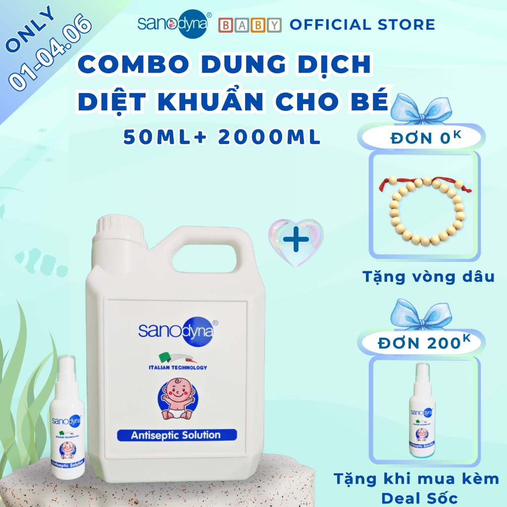 Combo Xịt khuẩn cho bé, khử mùi cho đồ chơi, bình sữa, ti giả công nghệ Italia - Sanodyna Baby (xịt 50ml+can 2L)