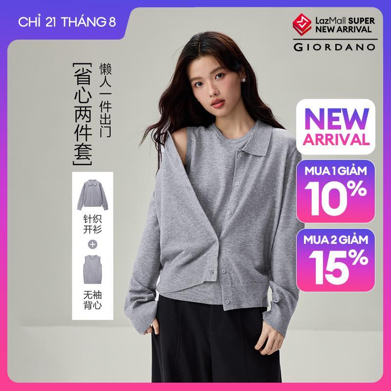 GIORDANO Women Cardigans 2-Piece Set Tankl Layering Cardigans Crewneck Stretchy Fashionable Casual Relaxed Knitwear 13356606