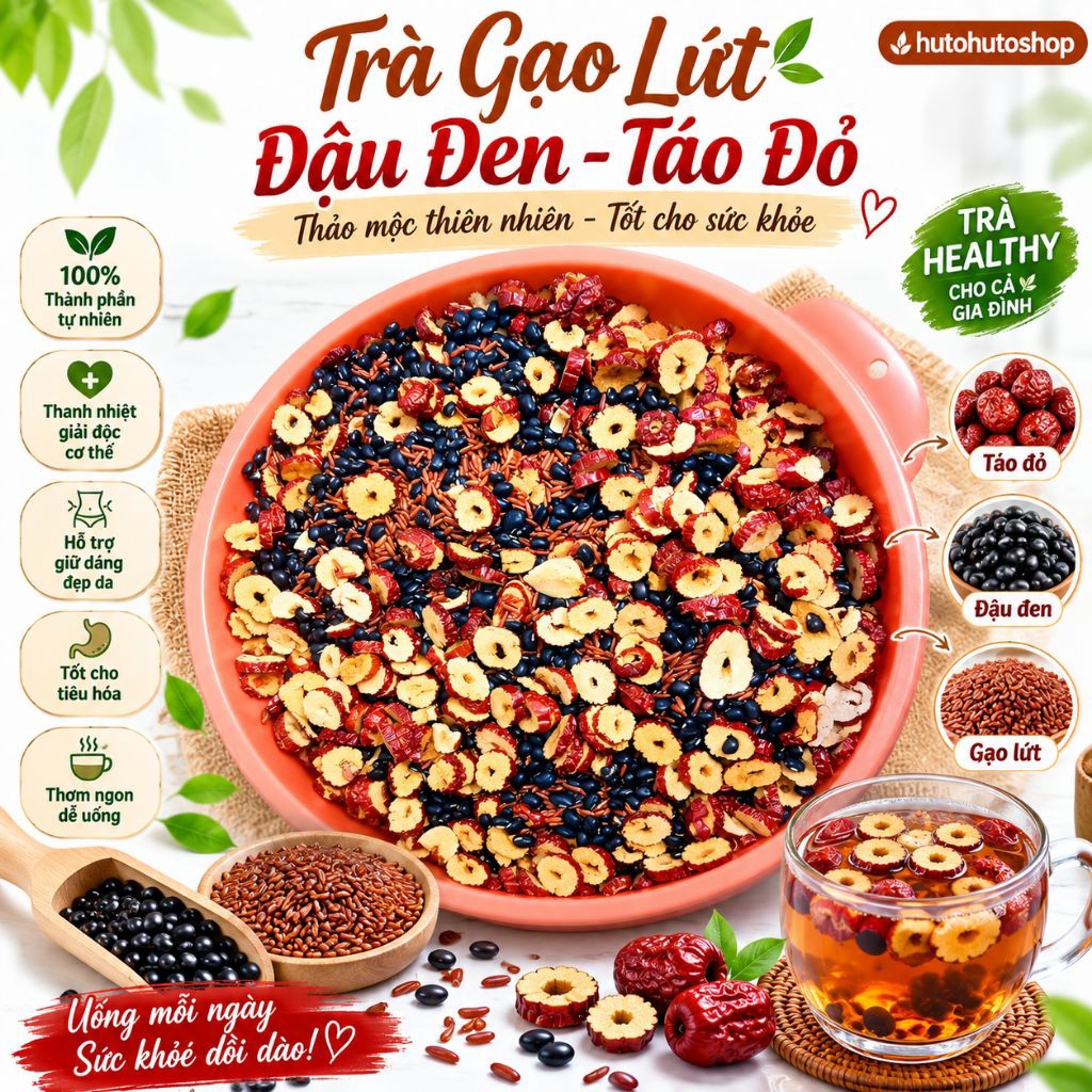 Trà Đậu Đen Gạo Lứt Táo Đỏ Túi Zíp 500G - Trà Dưỡng Sinh Thanh Nhiệt Giải Khát, Thơm Ngon Tự Nhiên, Dễ Uống