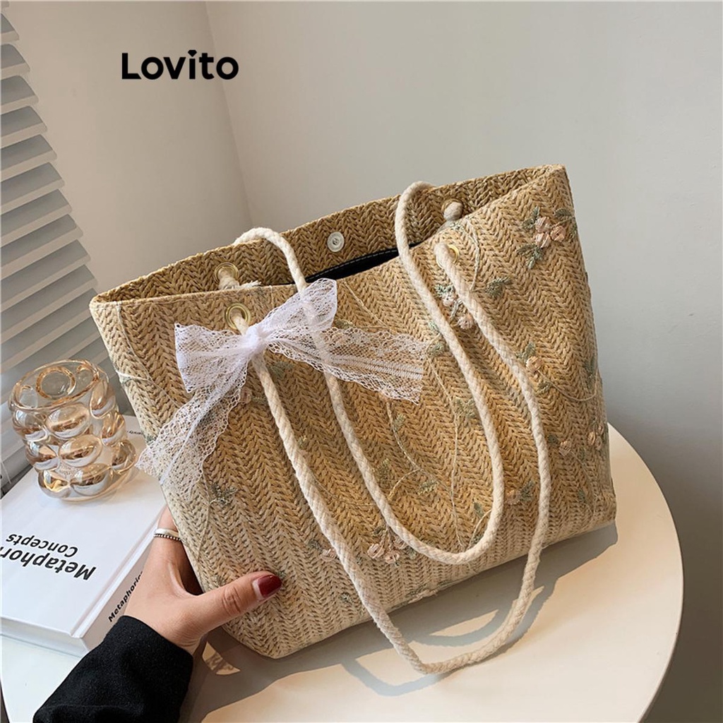 Túi tote đeo vai Lovito họa tiết hoa thanh lịch cho nữ LFA07003 (Màu kaki/ trắng)