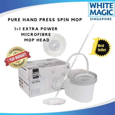White Magic Pure Spin Mop Set (with 2 microfiber mop heads) / Handpress Mop / Made in Taiwan / Red Dot Design Award / Trolley Bundle (add-on available) / 1 Year Bucket Warranty