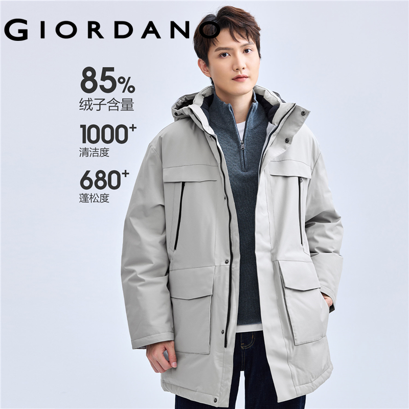 GIORDANO Men Donw Jackets Three-Proof Cargo Pockets Duck Down Jackets Mid Long Warm Fashion Casual Hooded Down Jackets 01072613 ราคา 8,039 บาท*ส่งฟรี