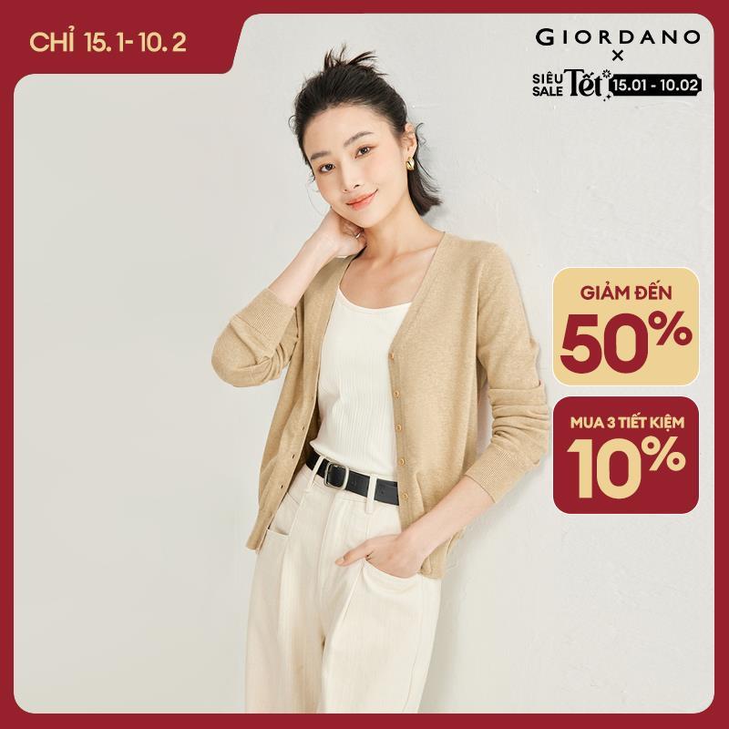 Áo len Dệt kim Nữ GIORDANO Women Thiết kế tay dài Cổ chữ V bán hở ngực 100% vải cotton Chỉnh tề Mềm 