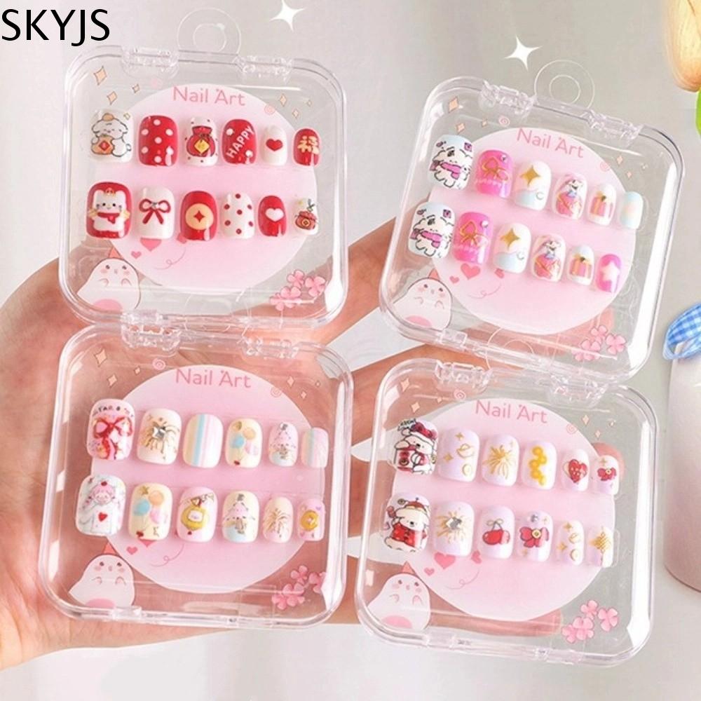 SKYJS Người tuyết nơ Móng tay giả Giáng sinh cho trẻ em Pháo hoa năm mới Gấu Cinamonroll Bộ móng tay giả cho trẻ em Vật liệu làm móng Mẹo làm móng phủ toàn bộ Móng tay giả hoạt hình cho trẻ em Tiệc Giáng sinh
