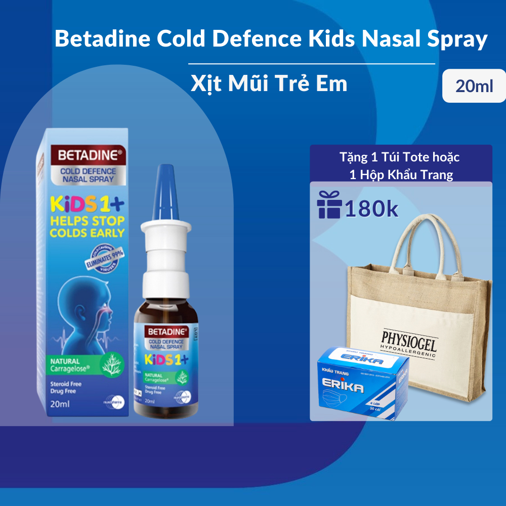 Xịt Mũi Cho Bé Betadine Kids 1+ Nasal Spray 20ml, Giúp Phòng Ngừa Cảm Lạnh
