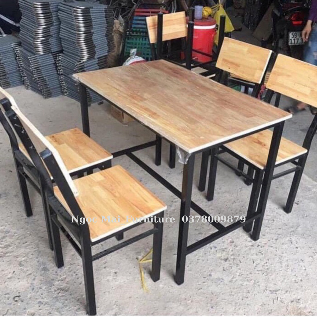 Bộ bàn ghế quán nhậu chân sắt mặt gỗ, bàn ghế ăn nhập khẩu - bảo hành 12 tháng