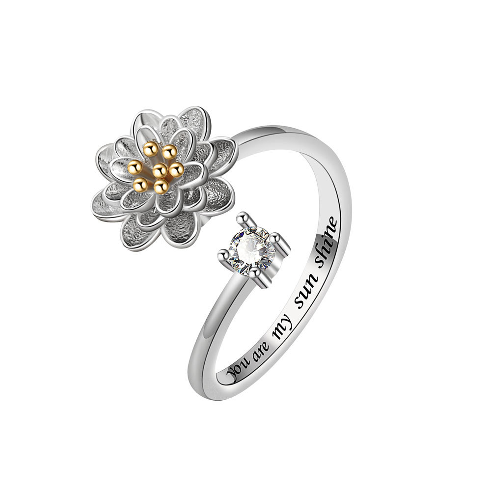 Lotus Adjustable Anxiety Relief Opening Ring Female Ladies Wedding Engagement AAA Cubic Zircon Band Ring Jewelry ราคา 202 บาท*ส่งฟรี
