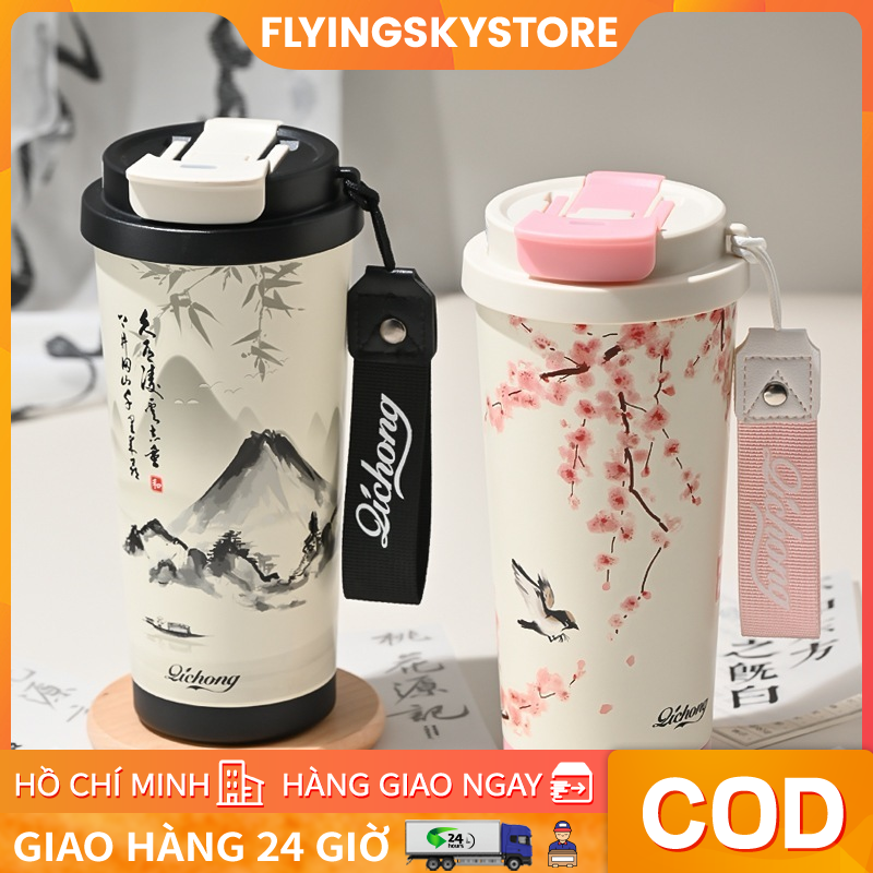 Ly giữ nhiệt coffee cup inox 316 lót sứ cao cấp 520ml cốc giữ nhiệt lọc trà ống hút