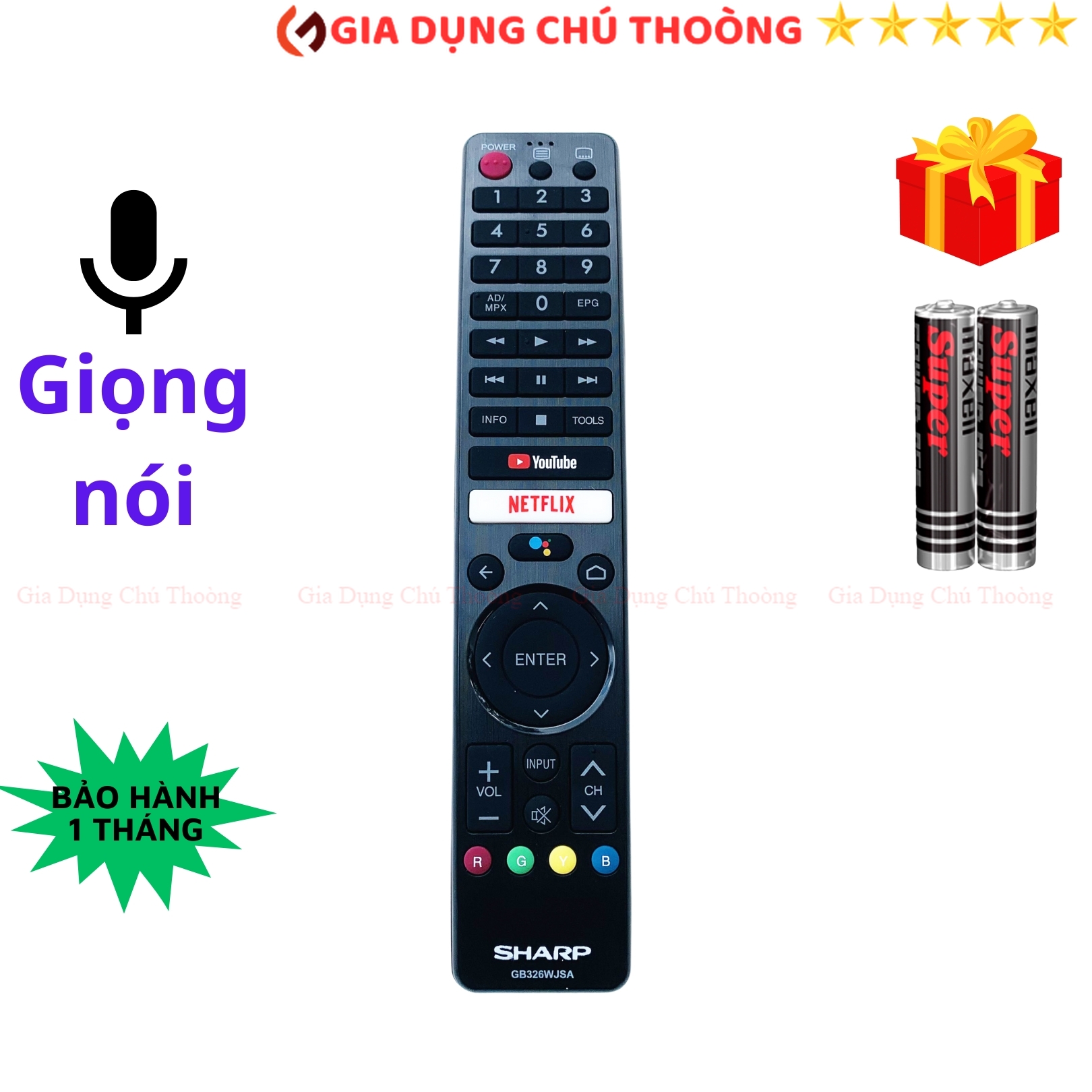 Remote điều khiển tivi SHARP Mã 08 GB326WJSA Giọng Nói điều khiển TV SHARP Smart -Tặng pin - Gia Dụng Chú Thoòng