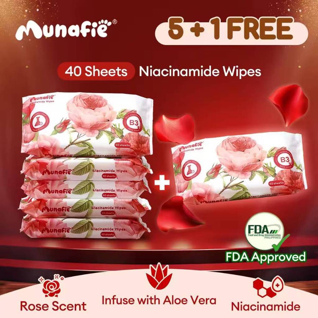 (6Packs) Munafie Niacinamide Cleansing Wipes Rose Scented Alcohol Free Wet Wipes for Skin 40Sheets