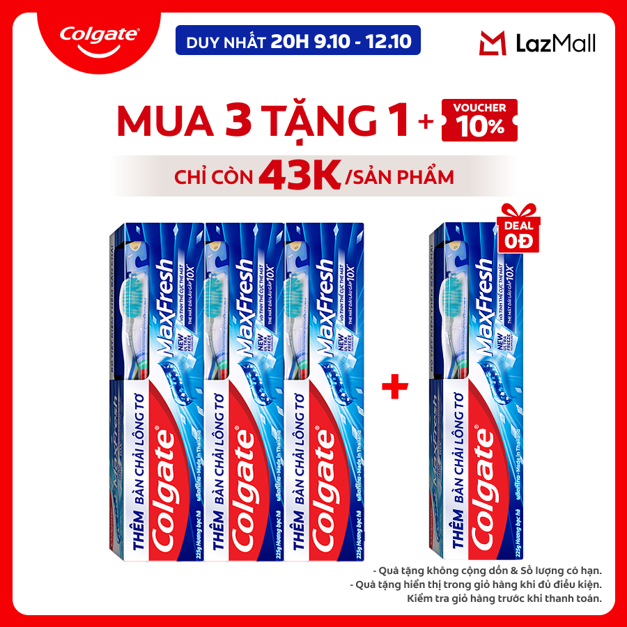 Bộ 3 Kem đánh răng Colgate MaxFresh ULTRAFREEZE the mát gấp 10X 225g/tuýp tặng bàn chải đánh răng lông tơ cao cấp