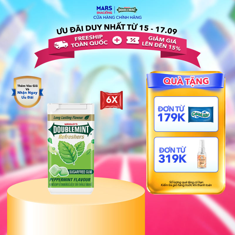 Combo 6 Kẹo sing-gum không đường Doublemint Refreshers hương bạc hà hũ 40g (6 hũ x 40g)