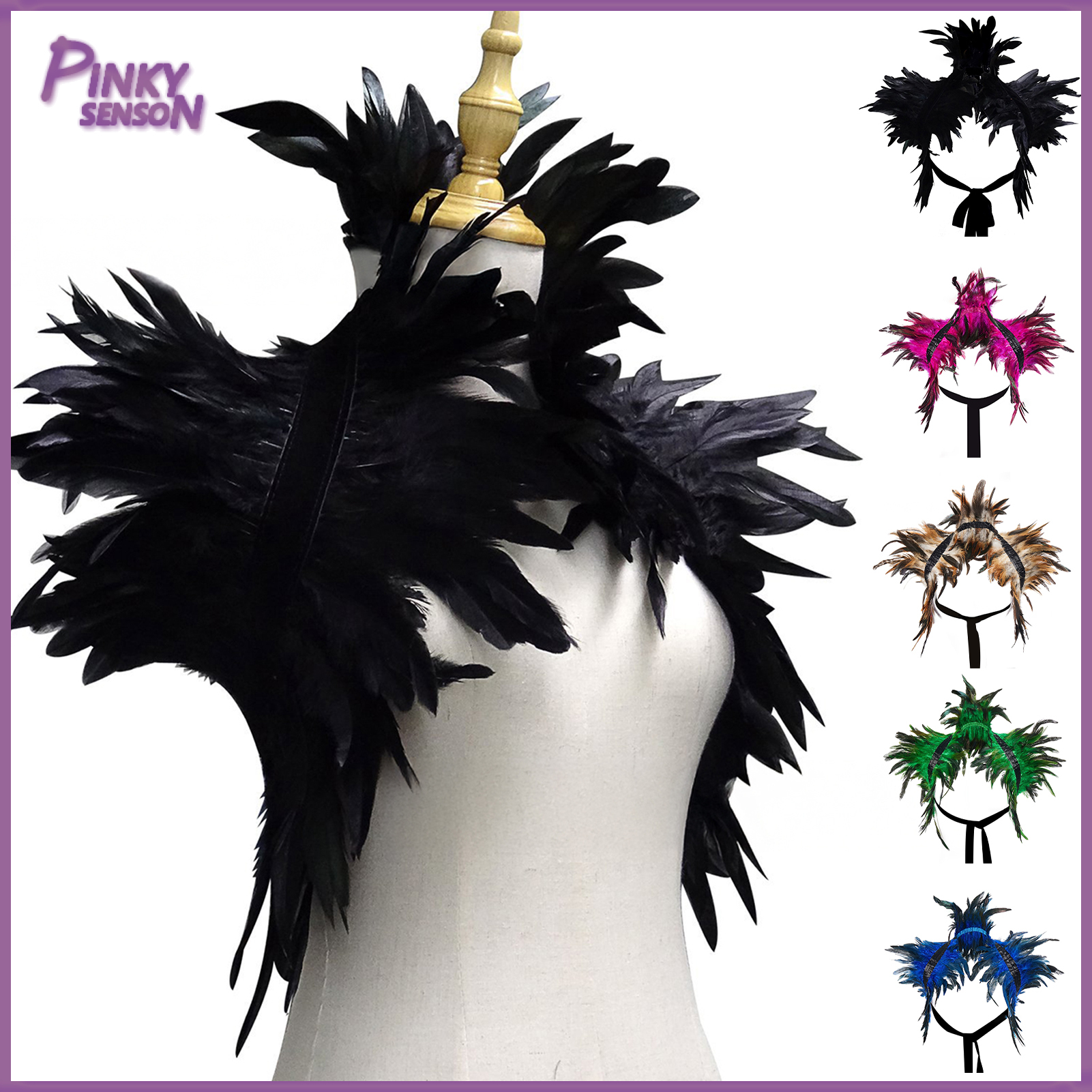 Gothic Style Fake Collar with Layered Feathers Lightweight Durable Fabric Feather Cape Black Shawl Versatile Accessory ราคา 166 บาท*ส่งฟรี