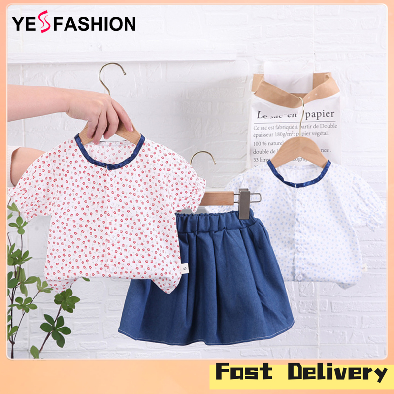 Yesfashion Store IN stock2-piece Toddler Kids Girls Short Sleeve Floral Shirt Top Denim Skirt Outfits Cotton Baby Summer Suit ราคา 153 บาท*ส่งฟรี