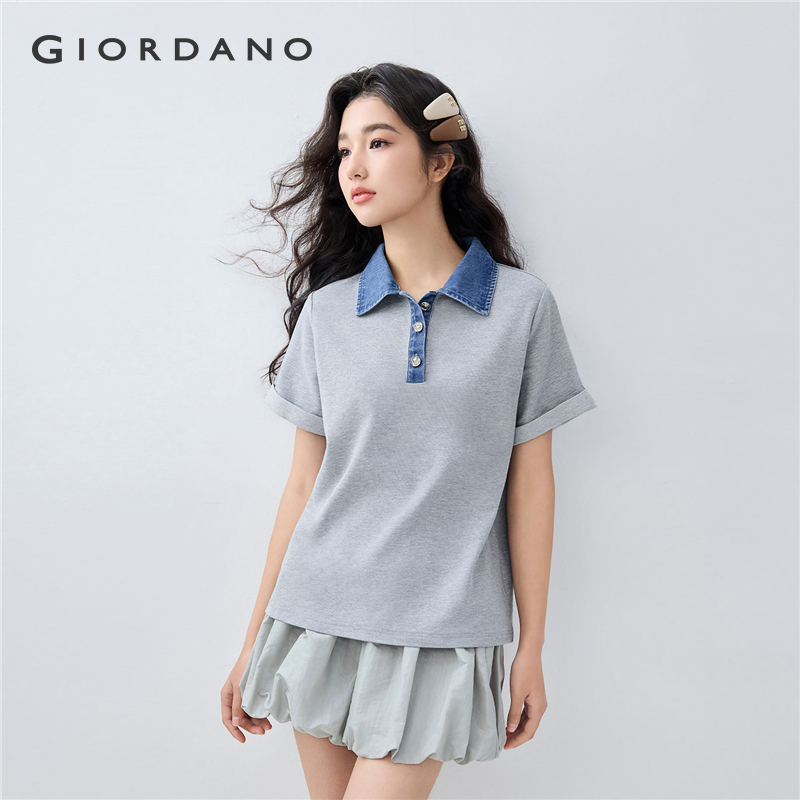 GIORDANO Women Polo Shirts Denim Patchwork Collar Polo Shirts Short Sleeve Simple Summer Fashion Casual Polo Shirts 18315502 ราคา 1,048 บาท*ส่งฟรี