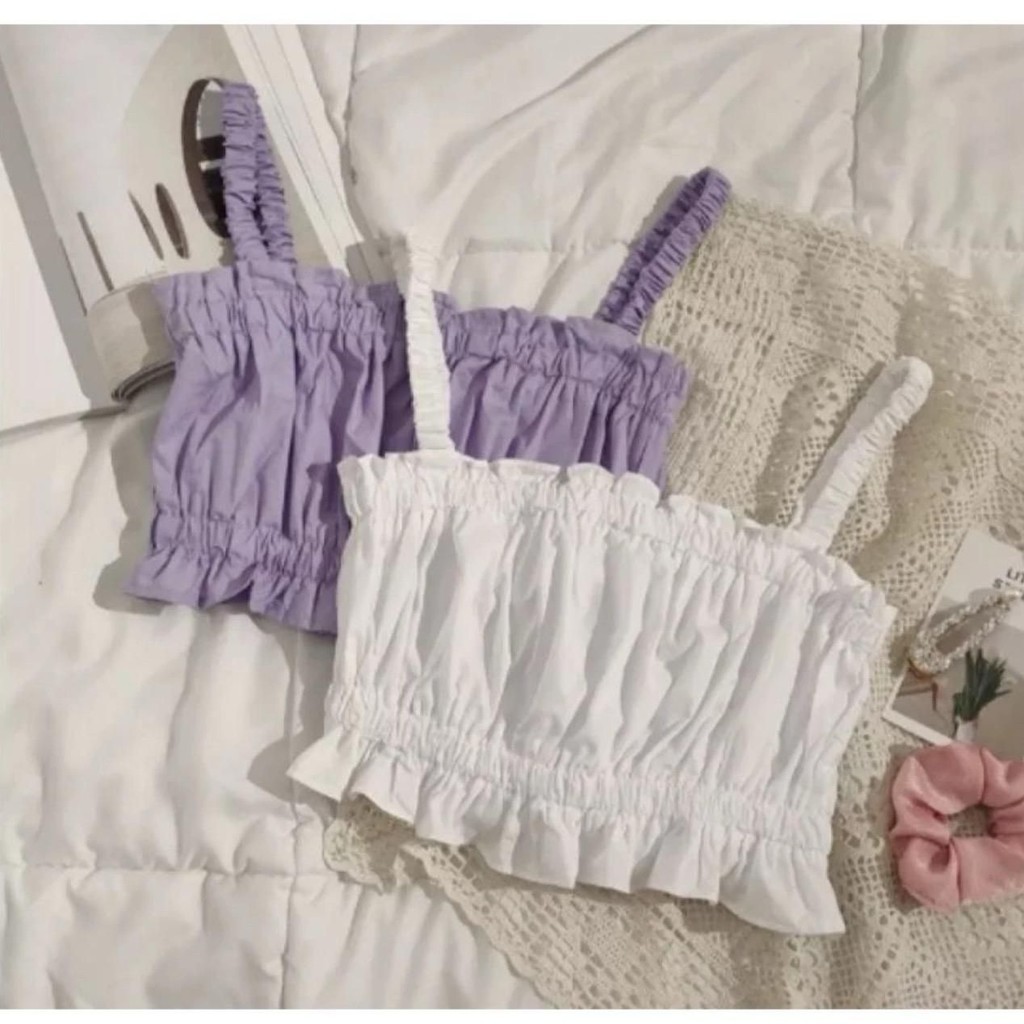 Áo hai dây nữ áo croptop phối bèo chun eo xinh xắn tiểu thư bánh bèo