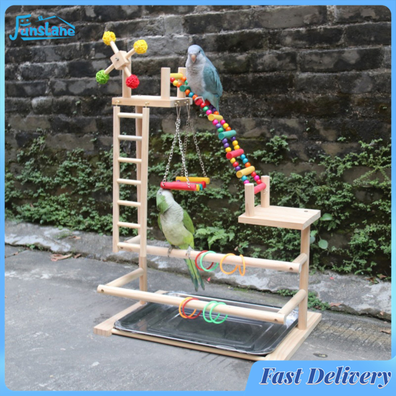 FunsLane Wood Bird Playground Parrot Perch Playstand With Ladder, Windmill & Hanging Swing Toys For Cockatoos Lovebirds Playgym Parakeets Cage Accessories ราคา 749 บาท*ส่งฟรี