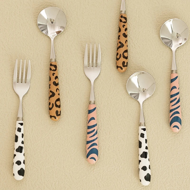 【Sell-Well】 Stainless Steel Dessert Spoon Children's Rice Spoon Cutlery Cake Fork Kitchen Dinnerware Zebra Leopard Cow Pattern