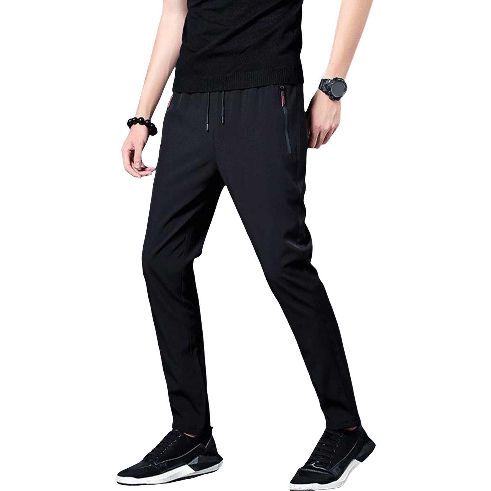 UHH Men Casual Pants Men Pants Men's Ice Silk Quick-dry Slim Fit Sport Pants with Side Zipper Pockets Plus Size Drawstring Elastic Waist Jogging Sweatpants for Gym Training and Outdoor Activities