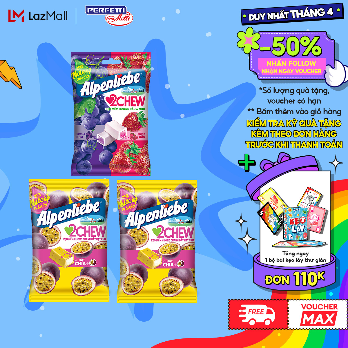 COMBO Kẹo Mềm Alpenliebe 2Chew từ nước ép trái cây hương Dâu Nho, Chanh dây hạt chia