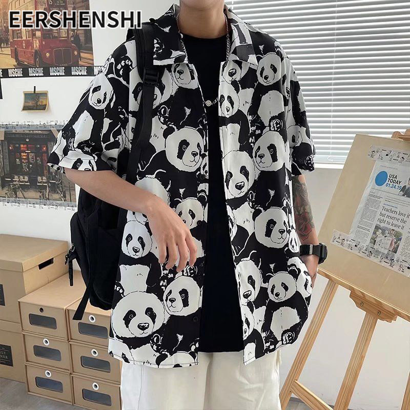 EERSHENSHI | Men's shirt - Summer fun panda full print short-sleeved shirt Men's hip hop loose casual floral shirt Hawaiian Songkran shirts ราคา 160 บาท*ส่งฟรี