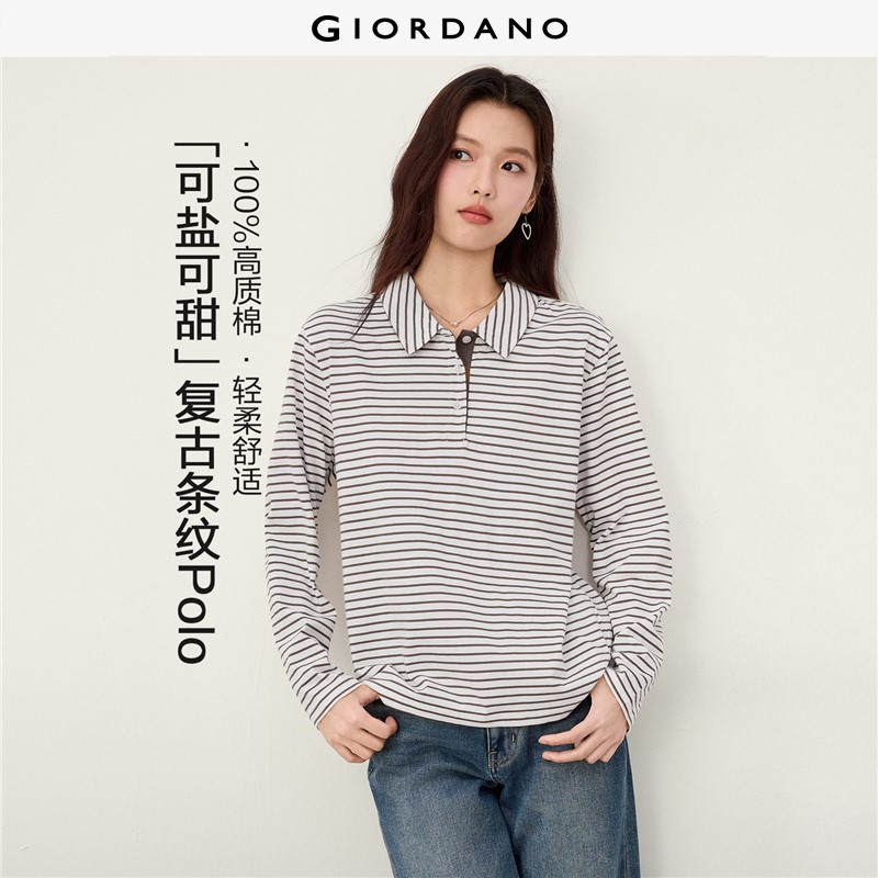 GIORDANO Women Polo Shirts 100% Cotton Striped Polo Shirts Long Sleeve Regular Fit Fashionable Casual Polo Shirts 13316615
