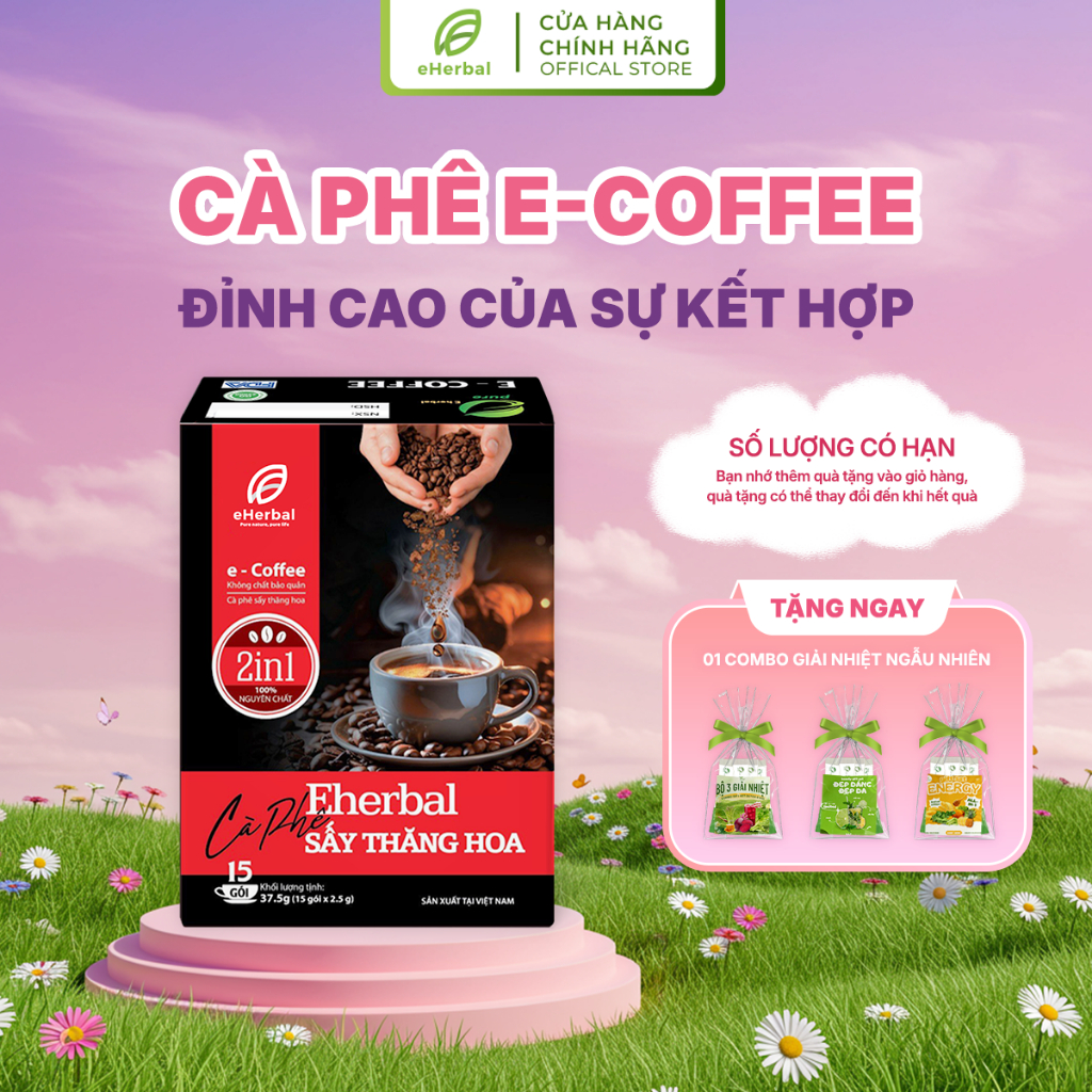 Cà Phê Nguyên Chất Sấy Thăng Hoa 2 in 1 Eherbal Cafe Đậm Vị Hoà Tan Trong Nước E-Coffee (Hộp 15 gói x 2.5g)