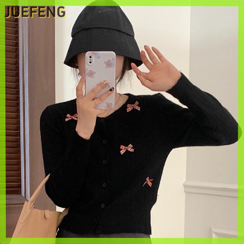 JUEFENG Áo cardigan chắp vá nơ dài tay áo ngoài áo len một hàng cúc cổ tròn