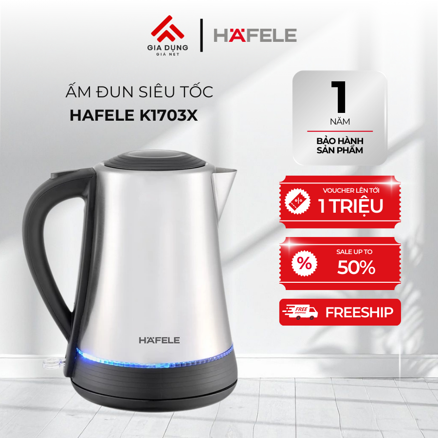 Bình Đun Siêu Tốc Hafele HS-K1703X (535.43.733) - Dung tích 1,7L - Chất liệu Inox 304 - Bảo hành chính hãng 12 tháng.