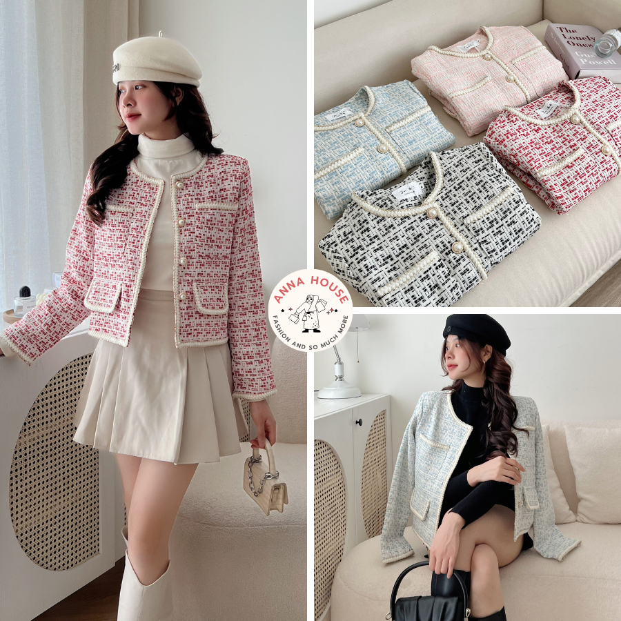 Áo Khoác Cardigan Nữ Croptop Chất Dạ Tweed Kẻ Caro Cổ Tròn Dáng Ngắn Viền Thừng, Áo Dạ Tweet Khoác Ngoài Dáng Croptop