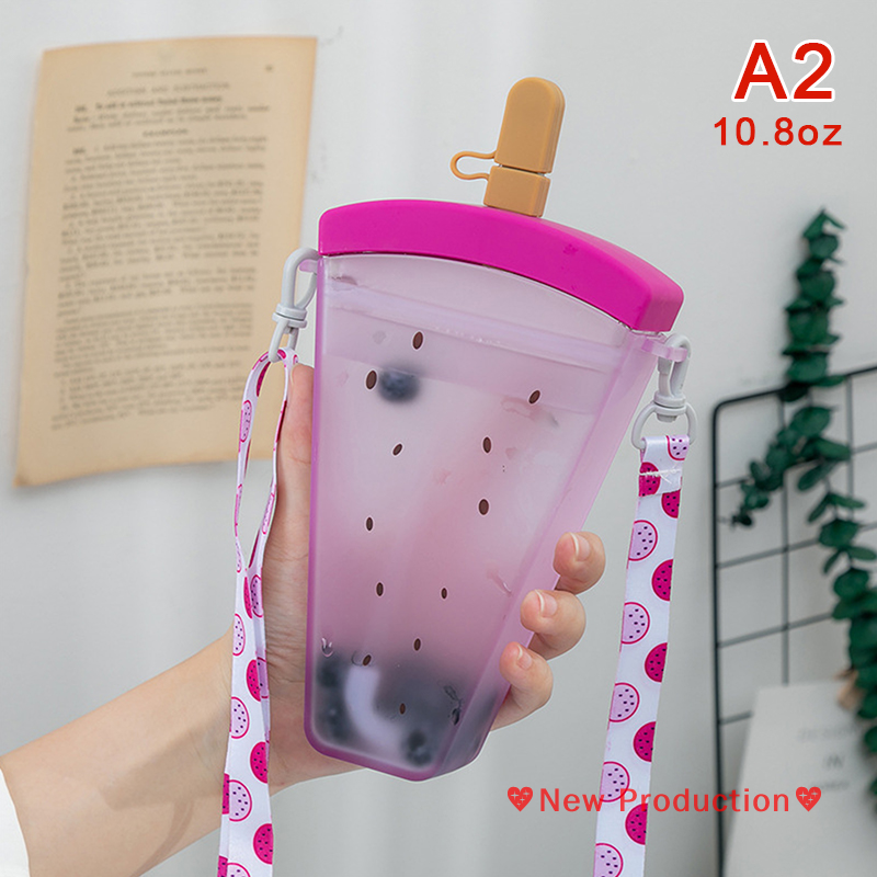 New Production💖 Chai nước bằng nhựa dễ thương dưa hấu Kem chai nước với chai rơm chống rơi cầm tay Popsicle Cốc trẻ em cốc nước
