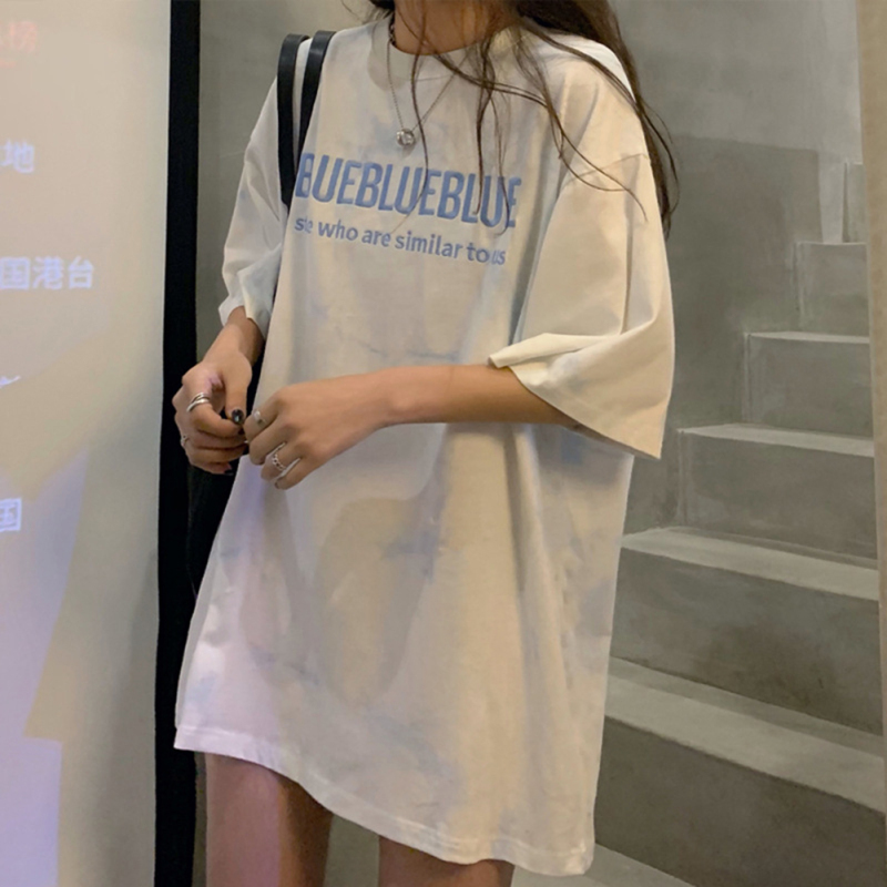 Phụ nữ t-shirt tay lửng cổ tròn áo thun chui đầu nhuộm kiểu cột thắt chữ thêu Áo phông in hình